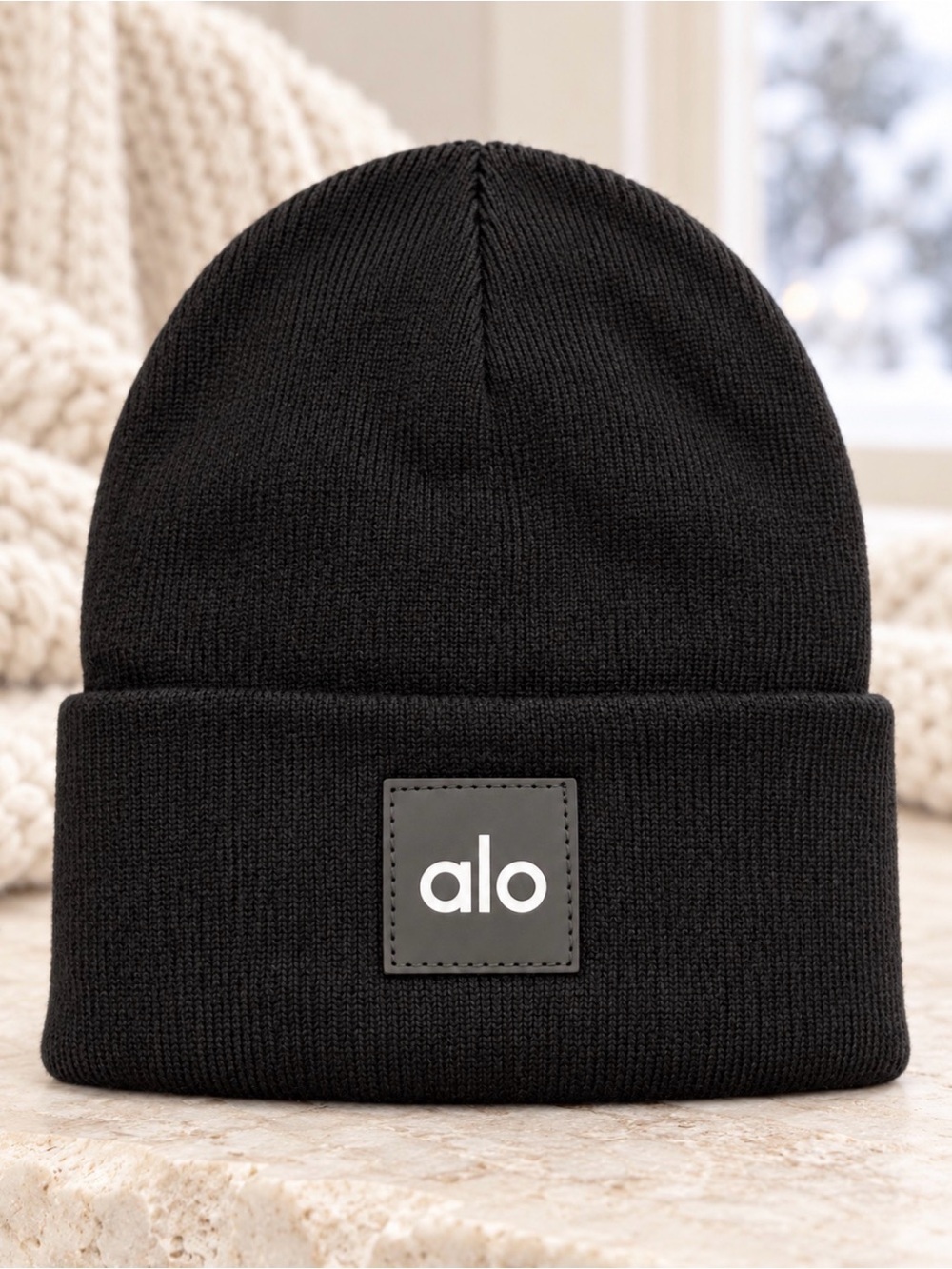 ALO Yoga Black Knit Beanie with Logo Patch